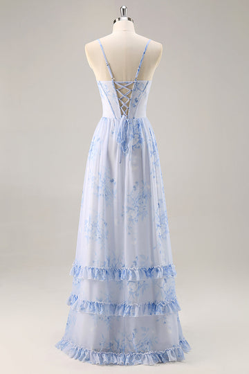 Corsé Floral Azul Vestido Largo de Dama de Honor de Gasa con Abertura